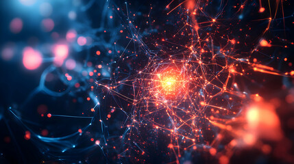 Poster - Abstract interconnected network with glowing central node representing complex systems