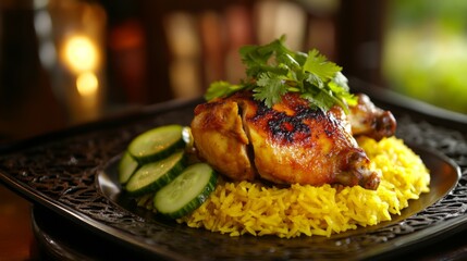 Poster - A beautifully plated dish of Khao Mok Gai, featuring fragrant yellow rice topped with succulent chicken, garnished with fresh cucumber slices and coriander.