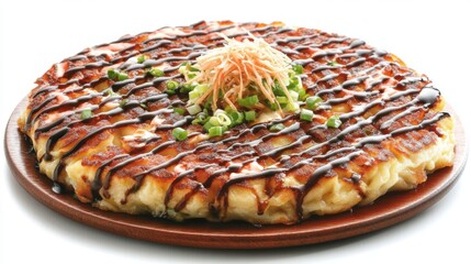 Poster - A beautifully plated okonomiyaki topped with a drizzle of tangy sauce, mayonnaise, bonito flakes, and sliced green onions, showcasing its vibrant colors and textures.