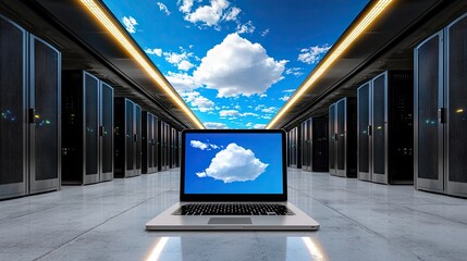 Poster - Digital network of cloud computing, featuring a laptop, smartphone, and server connections.