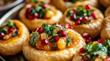 Leinwandbilder - A close-up of a crispy pani puri filled with a spicy mixture, topped with pomegranate seeds and fresh herbs, showcasing the dish's vibrant colors and textures.