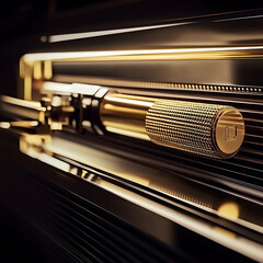 Wall Mural - Gold metallic knob detail, industrial machinery close-up, dark background, luxury product design