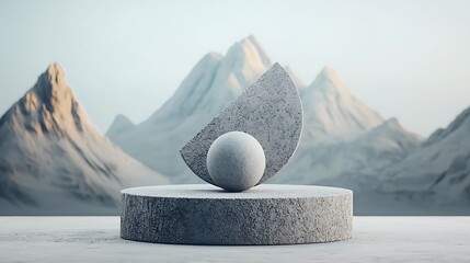 Poster - Minimalist geometric shapes on a pedestal, mountain backdrop