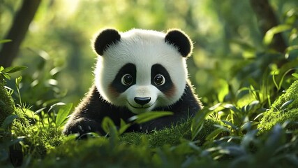 Wall Mural - Panda bear in the forest. A panda with a blurry background. A tree with greenery glares light. A bear panda in the lifestyle woods.