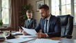 © miss irine - Two businessmen in suits review documents in office. Legal advisor, lawyer, real estate agent discuss contract, property sale, loan agreement. Finance, business, law concept.