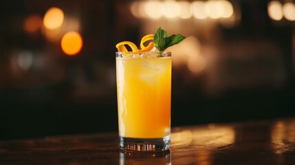 Poster - A close-up of freshly squeezed orange juice served in a tall glass, garnished with a sprig of mint and an orange twist, emphasizing its vibrant color and freshness.