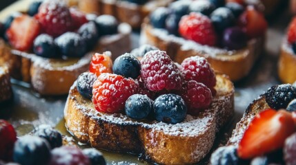 Poster - A close-up of honey toast topped with a colorful assortment of berries and a dusting of powdered sugar, creating a vibrant and inviting dessert.