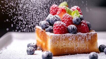 Poster - A close-up of honey toast topped with a colorful assortment of berries and a dusting of powdered sugar, creating a vibrant and inviting dessert.