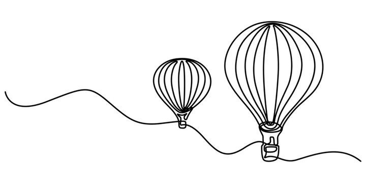 Hot air balloons flying in sky sign. Continuous one line drawing, Continuous Line Drawing of Hot Air Balloon Icon. Hand Drawn Symbol Vector Illustration, Travel flying on aerostat in sky logo divider.