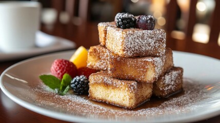 Poster - A close-up of sweet cinnamon toast sprinkled with sugar and cinnamon, served on a plate with a side of fresh fruit for a cozy dessert vibe.