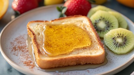 Poster - A close-up view of a slice of honey toast on a plate, oozing with melted butter and syrup, surrounded by fresh fruit and a sprinkle of cinnamon.