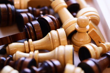 Poster - A detailed view of various chess pieces on a board, great for illustrating strategy or competition.
