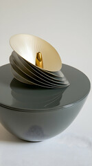Wall Mural - Abstract metallic sculpture, layered design, reflective surface, white background, for modern art