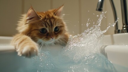 Poster - A curious cat perched on the edge of a bathtub, playfully splashing water with its paw while the water creates small ripples around its fluffy fur.