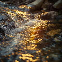 Poster - Sunlight reflecting on a shallow stream with rocks and flowing water creating a bokeh effect on the surface