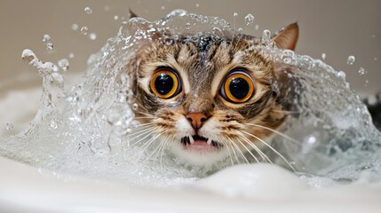 Poster - A playful moment captured as a cat tries to escape from a bathtub, with water splashing around and its wide eyes showing both curiosity and surprise.
