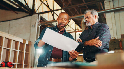 Poster - Production, blueprint or people in carpentry workshop for factory, check inventory or manufacturing. Woodworking, low angle and planning furniture design for timber, lumber and construction business