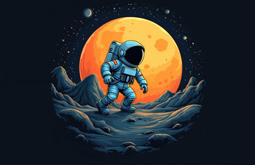 Poster - Astronaut cartoon illustration walking on moon surface. Space suit, planet Earth background. Fantasy cosmic adventure design for t-shirt, apparel. Fun, exploration, travel. Creative poster, print.