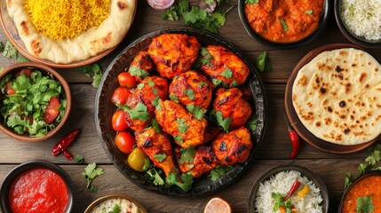Poster - A top-down view of a festive table setting with tandoori chicken, naan, and various Indian side dishes, creating an inviting and colorful dining atmosphere.