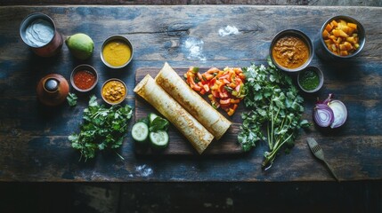 Poster - A top-down view of a festive table set with dosas, chutneys, and fresh vegetables, creating a colorful and inviting atmosphere for a South Indian meal.