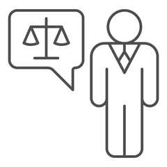 Poster - Lawyer man with legal issues bubble thin line icon, family lawyer concept. Vector graphics. Human with weight scales dialog sign on white background, outline style icon for mobile or web design.