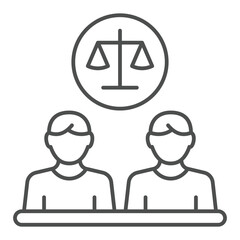Poster - Opponents men at dialog table with scales thin line icon, justice concept. Vector graphics. Two human, man and weight scales sign on white background, outline style icon for mobile or web design.