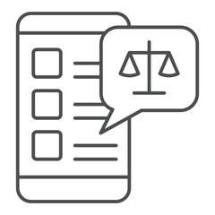 Poster - Smartphone chat message with libra scales thin line icon, jurisprudence concept. Vector graphics. Phone weight scales bubble sign on white background, outline style icon for mobile or web design.