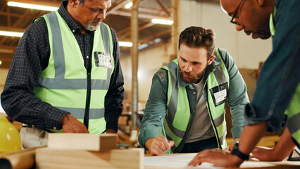 Aufkleber - Teamwork, blueprint or people in woodwork workshop for factory, drawing or manufacturing project. Carpentry, carpenter or men planning furniture design for timber, lumber or construction business
