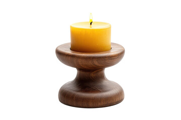 Wall Mural - Lit yellow candle on a wooden candle holder against a Isolated on white transparent background