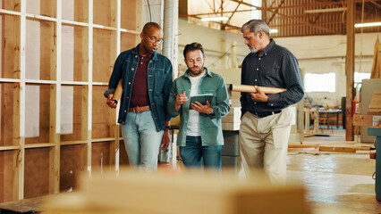 Aufkleber - Teamwork, engineering or people on tablet in woodwork workshop for factory, warehouse or manufacturing. Planning, carpentry and men with online update for timber, lumber and construction business