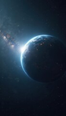 Poster - Stunning planet partially illuminated by the sun with background of stars. Captures beauty mystery outer space in intricate detail. Perfect for science articles, cosmic designs or web banners.