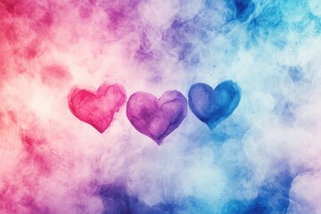 Poster - Colorful watercolor hearts in various sizes floating above an abstract background of pink and blue hues
