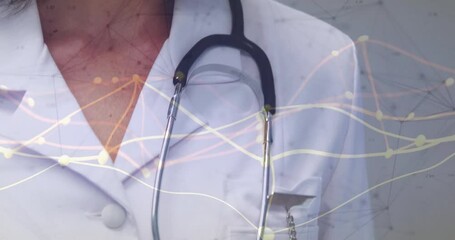 Poster - Doctor with stethoscope wearing white coat, overlaying data animation in hospital