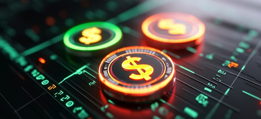 Aufkleber - In a digital environment, vibrant coins representing currency are displayed with glowing designs. This highlights the importance of stability, assets, trust, and growth in financial portfolios.