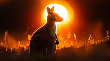 Naklejka na meble Striking backlit photo of tammar wallaby silhouette against a vibrant sunset glowing fur highlights dramatic composition National Geographic worthy image