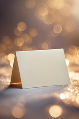 Poster - Blank placeholder card on shimmering surface with soft golden bokeh in the background during evening light