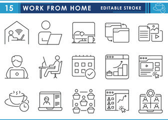 Poster - A set of line icons related to Work from Home. Work, home, laptop, online, workspace, coffee, income, and so on. Vector editable stroke.