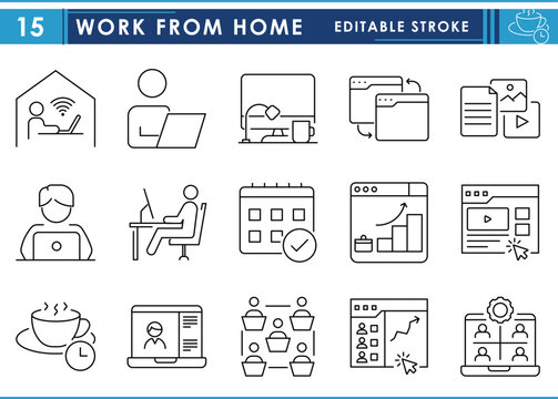 A set of line icons related to Work from Home. Work, home, laptop, online, workspace, coffee, income, and so on. Vector editable stroke.