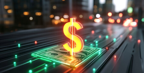 Leinwandbilder - The visual emphasizes the importance of financial growth and stability. It showcases a glowing dollar symbol over a background of urban lights, representing the asset portfolio's potential.