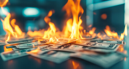 Leinwandbilder - Flames engulf stacks of cash, symbolizing the volatility in investment portfolios. This striking visual reflects the potential risks associated with financial assets and trust in markets.