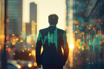 A businessman silhouetted against a city backdrop at sunset, overlaid with data visualizations symbolizing progress and ambition.