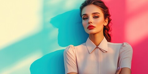 Poster - Model poses against vibrant wall in sunny urban setting wearing stylish outfit