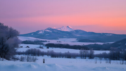  Serene Winter Sunrise Snow-Covered Landscape with Majestic Mountain Peak