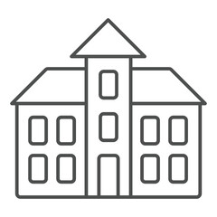 Poster - three storey house thin line icon, real estate concept. vector graphics. cottage building with centr