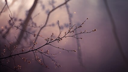 Poster - delicate branches with budding flowers in a misty forest during early morning light