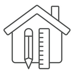 Poster - House with ruler and pencil thin line icon, real estate concept. Vector graphics. Cottage building, house drawing sign on white background, outline style icon for mobile or web design.