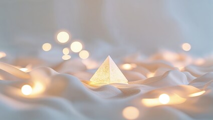 Poster - Delicate crystal pyramid resting on soft fabric surrounded by warm glowing lights in a serene, minimalist setting