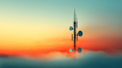 Poster - Array of antennas and transmitters beaming data through the air set against a vivid gradient sky with a futuristic retrofuturistic science fiction inspired aesthetic