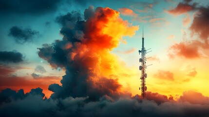 Poster - Dramatic sunset hued clouds and vibrant sky backdrop a futuristic antenna array broadcasting wireless data and communications