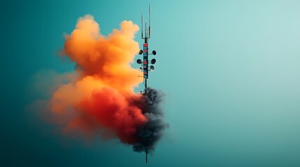 Poster - Futuristic and sleek metallic antenna structure transmitting and receiving various radio signals with an intricate network of wires panels and digital displays set against a vibrant